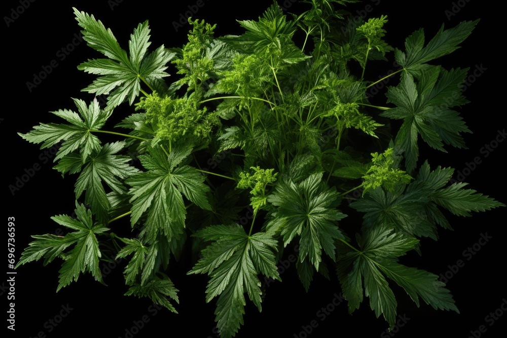Poster A simple yet striking image of a bunch of green leaves against a black background. Perfect for adding a touch of nature to any design.