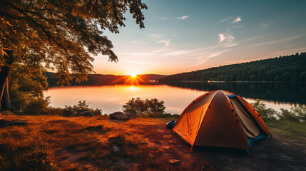 Camping tent next to a lake at sunset