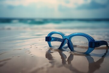 Swimming blue goggles on beach. Summer vacation eyepiece aquatic item. Generate ai - obrazy, fototapety, plakaty