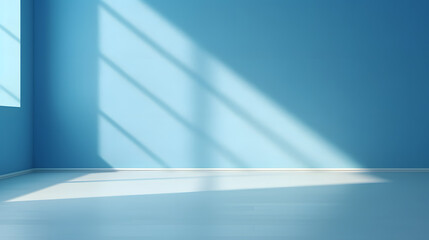 blue wall and smooth floor with beautiful window shadow and sun glare. Universal background for product presentation.