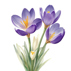 Purple Crocus flowers bouquet isolated on white background. Spring Flowers. Watercolor illustration.