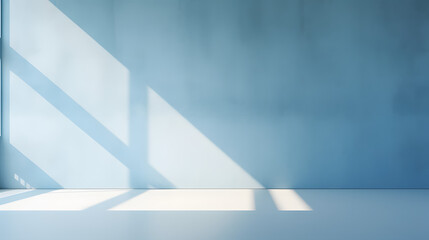 blue wall and smooth floor with beautiful window shadow and sun glare. Universal background for product presentation.