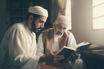 Teaching holy Islamic book. Religious Muslim education praying ritual. Generate ai - obrazy, fototapety, plakaty