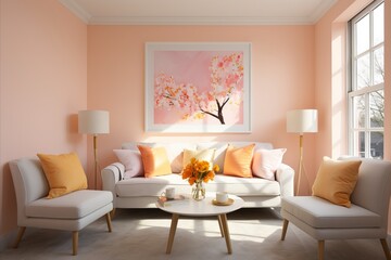 Modern Living Room with White Sofa, Peach Fuzz Pillows, and Stylish Decor Accents