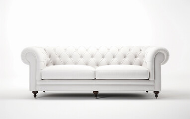 White classic sofa on wooden legs on white background. Upholstered furniture for the living room. White couch isolated