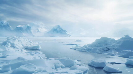 Arctic winter landscape with large glaciers frozen sea and blizzards 