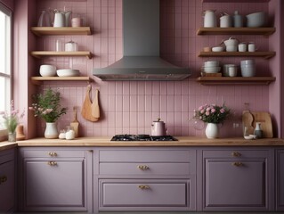 Fototapeta na wymiar Grey kitchen cabinets and white countertop near pink herringbone tiled backsplash