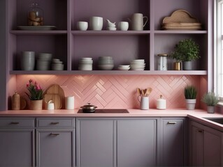 Obraz na płótnie Canvas Grey kitchen cabinets and white countertop near pink herringbone tiled backsplash