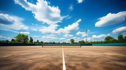 Tennis Court: A picture capturing an empty tennis court with neatly maintained lines and a net waiting for players.