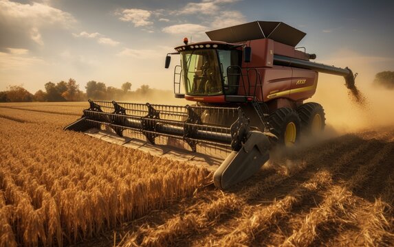 Harvest season. A combine harvester processing corn in a golden field