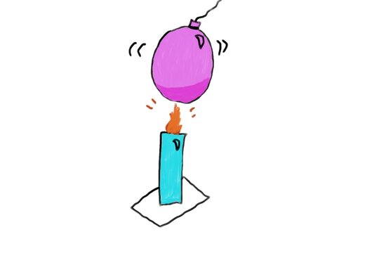 Hand drawn picture of science experiment about water balloon was burned by candle.Concept, Education, science lesson. Experiment activity. Illustration for using as teaching aids, design for decorate.