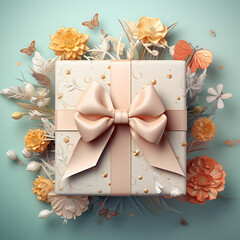 White and grey giftbox decorated with golden paper-like flowers and butterfly on a reflective floor with pastel green background with shadow