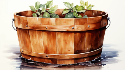 Watercolor illustration of a bucket on a white background. Farm life.