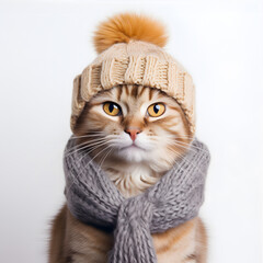A cute ginger cat wearing a warm hat and scarf on a white background. AI Generative