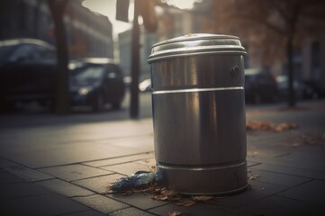 Metallic trash bin on urban street closeup photo. Municipal avenue waste garbage can. Generate ai