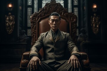Triad brother suit dressed sitting in royal armchair. Asian confident man brotherhood member. Generate ai - obrazy, fototapety, plakaty