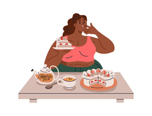 Overeating and gluttony. Fat chunky woman eating sweet cake, sugar food, confectionery. Chubby character with pastry, patisserie. Flat graphic vector illustration isolated on white background