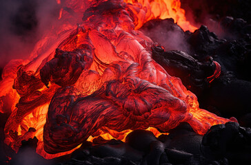 Lava Flows on active volcano. Hot lava and magma coming out of the crater.