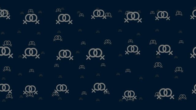Lesbian symbols float horizontally from left to right. Parallax fly effect. Floating symbols are located randomly. Seamless looped 4k animation on dark blue background