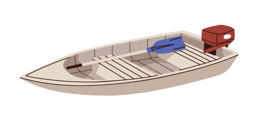 Fototapeta premium Wooden rowing boat with paddle. Water transport, lake and river vessel with oar. Small wood vehicle with seats for leisure. Flat vector illustration isolated on white background