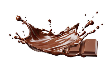 Chocolate bar or stick falling with sauce splashing in the air isolated on transparent background, dessert sweet concept, piece of dark chocolate. - obrazy, fototapety, plakaty