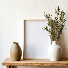 Textured design vase, pot with olive tree branches on a wooden shelf. Monotone wall background with copy space, blank, frame. Mediterranean interior inspiration.