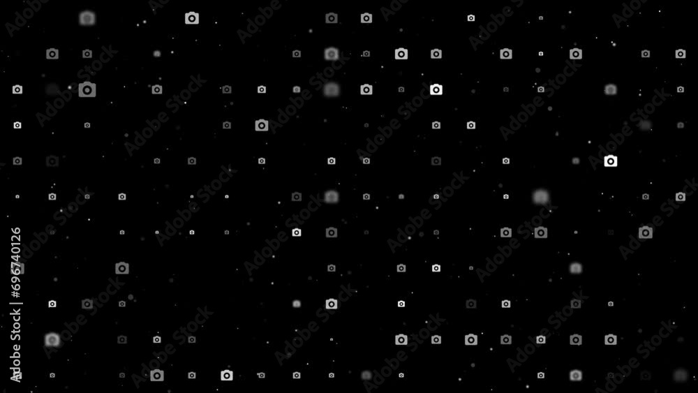 Poster template animation of evenly spaced photo camera symbols of different sizes and opacity. animation o