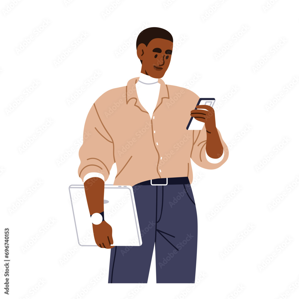 Poster black business man using mobile phone. person holding smartphone, cellphone in hand, looking, readin