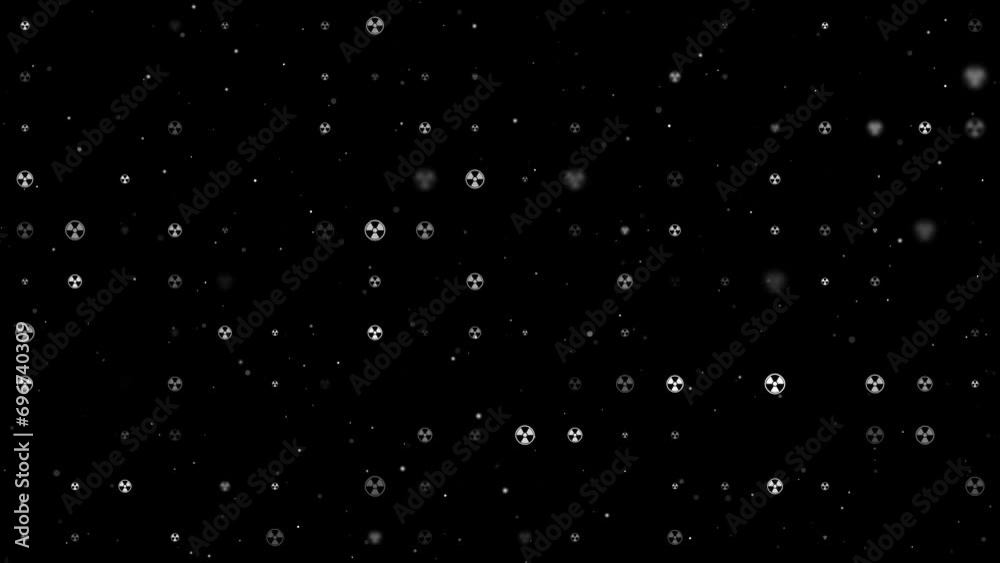 Poster template animation of evenly spaced radiation symbols of different sizes and opacity. animation of t