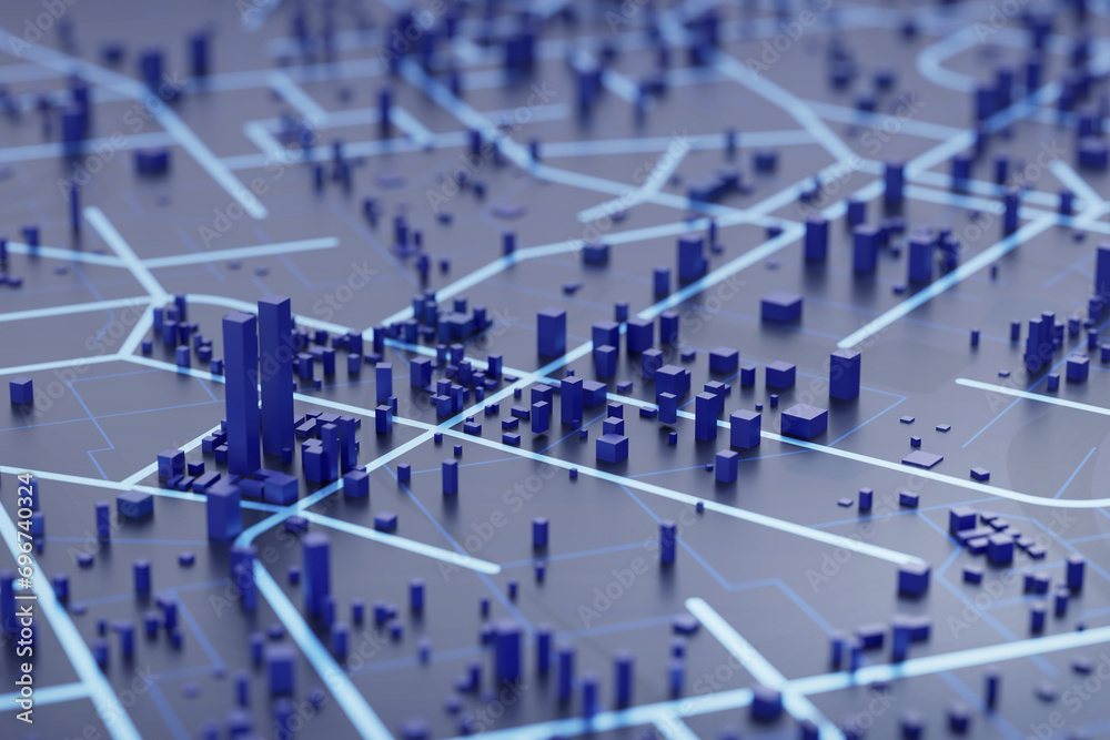 Poster 3d rendering city map illustration of a city map created using 3d modeling. top view of urban map wi