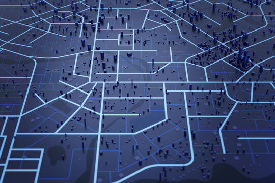 3D rendering city map illustration of a city map created using 3D modeling. Top view of Urban map with main road and sub road detailed representation of a city