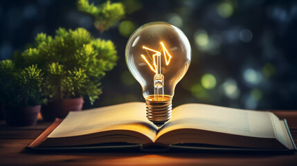 Light bulb glowing on book, idea of ​​inspiration from reading, innovation idea concept, Self learning or education knowledge and business studying concept. - obrazy, fototapety, plakaty