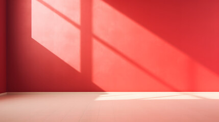 red wall and smooth floor with beautiful window shadow and sun glare. Universal background for product presentation.