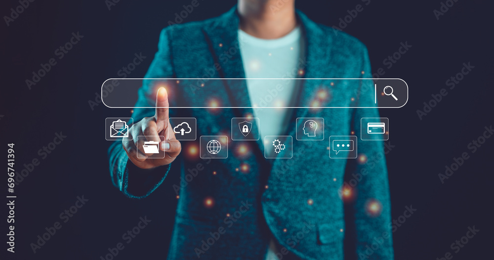 Leinwandbilder Businessman Search On Virtual Screen Data Search Technology Search Engine Optimization. Man use computer to Searching for information. Using web Console for data, SEO.Search with Ai assistant.