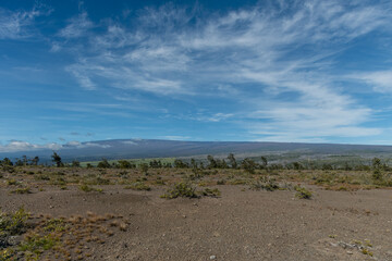 Scenic panoramic Mauna Loa vista from the Kilauea Crater rim at the Volcanoes National Park on the Big Island of Hawaii 