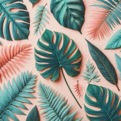 Background of green fresh tropical palm leaves on pink background pastel colors.