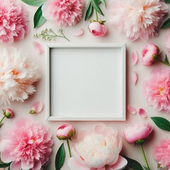 Pink background with peony fresh flowers and petals with the wooden frame for text copy space.  - obrazy, fototapety, plakaty