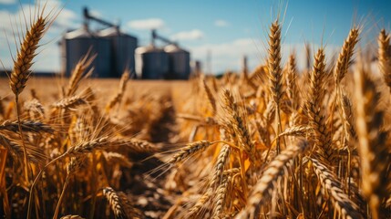 Fototapeta premium Close up of a wheat field with three silos in the background,