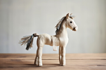 Close-up of a handmade horse toy on a wooden table