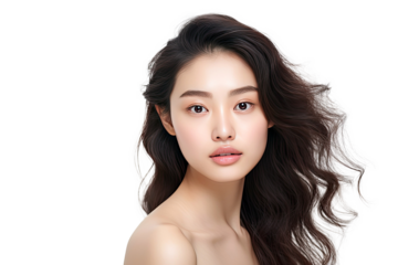 Studio portrait of a beautiful young asian woman with clean fresh and healthy skin isolated on white transparent background.