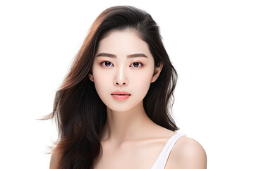Fototapeta premium Studio portrait of a beautiful young asian woman with clean fresh and healthy skin isolated on white transparent background.
