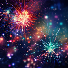 Fireworks in the middle of colorful boken in the dark blue background