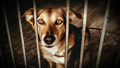 A sad stray dog imprisoned behind the bars of a dark kennel cage, looking at camera. Concept of stray animals and their abandonment by humans. Generative Ai. - obrazy, fototapety, plakaty