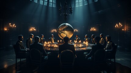 A cinematic shot of a group of business men sitting around a table, - obrazy, fototapety, plakaty