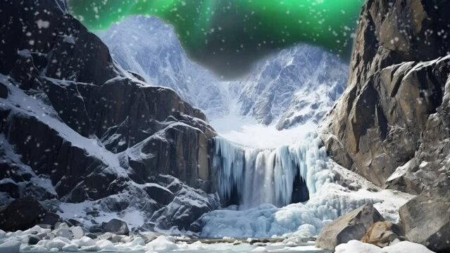 Winter nature scene at a waterfall with snowy mountains and aurora lights. seamless looping  time-lapse virtual video animation background. Generative AI
