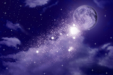 Naklejka na ściany i meble Beautiful starry sky with full moon and clouds at night