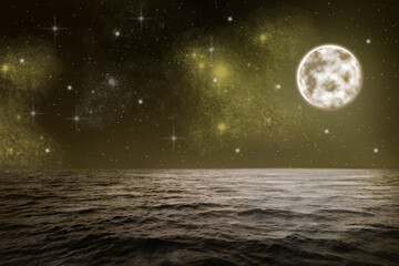 Beautiful full moon in starry sky over sea at night