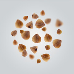 Buckwheat flying on grey background. Grains in air
