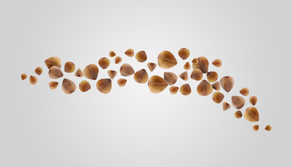 Buckwheat flying on grey background. Grains in air, banner design