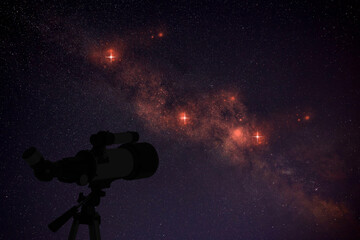 Astronomy. Viewing beautiful starry sky through telescope at night